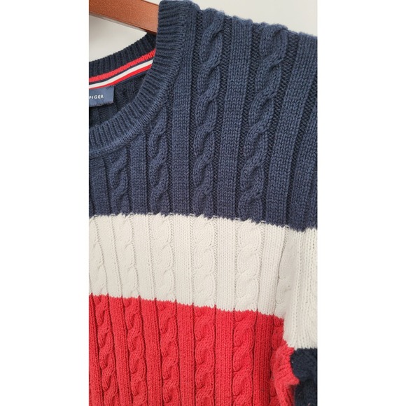 Tommy Hilfiger Red White Blue Cable Knit Sweater 100% Cotton Women's L - Picture 3 of 9